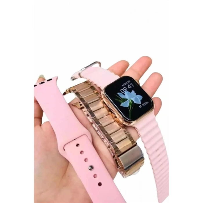 Mey İthalat® Akıllı Saat 3 Kordonlu Ve Aksesuarlı Bayanlar Için Şık Rose renk