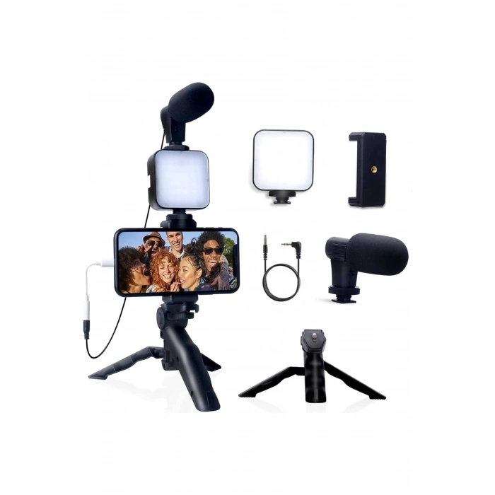 Mey İthalat® Akıllı Telefon Vlog Kiti Tripod Mini Mikrofonlu Telefon Tutucu