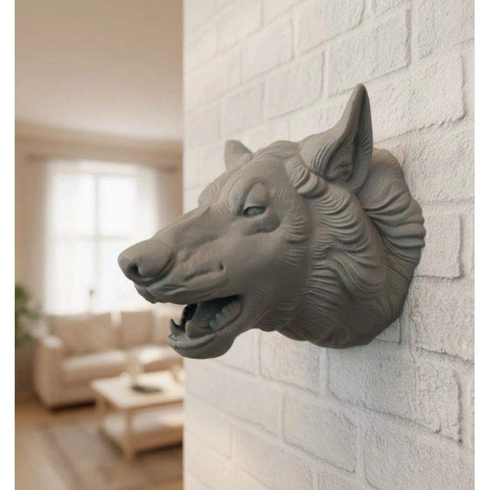 Mey İthalat® Asılabilir Gri Kurt Heykeli Ev Ofis Duvar Süslemesi Dekoratif