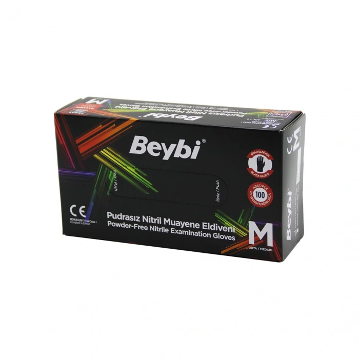 BEYBİ M SİYAH PUDRASIZ NİTRİL MUAYENE ELDİVENİ 100LÜ (5047)