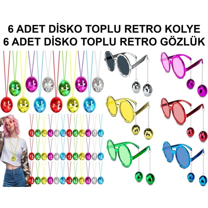 12 Parça Renkli Disko Toplu Retro Parti Seti – 6 Kolye + 6 Gözlük