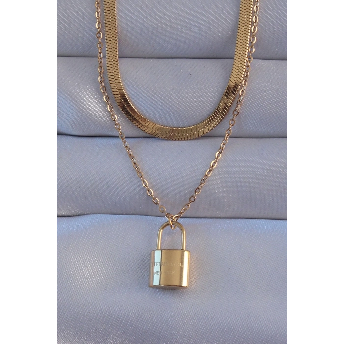 316L Çelik Gold Renk Çift Zincir Kilit Model Kolye