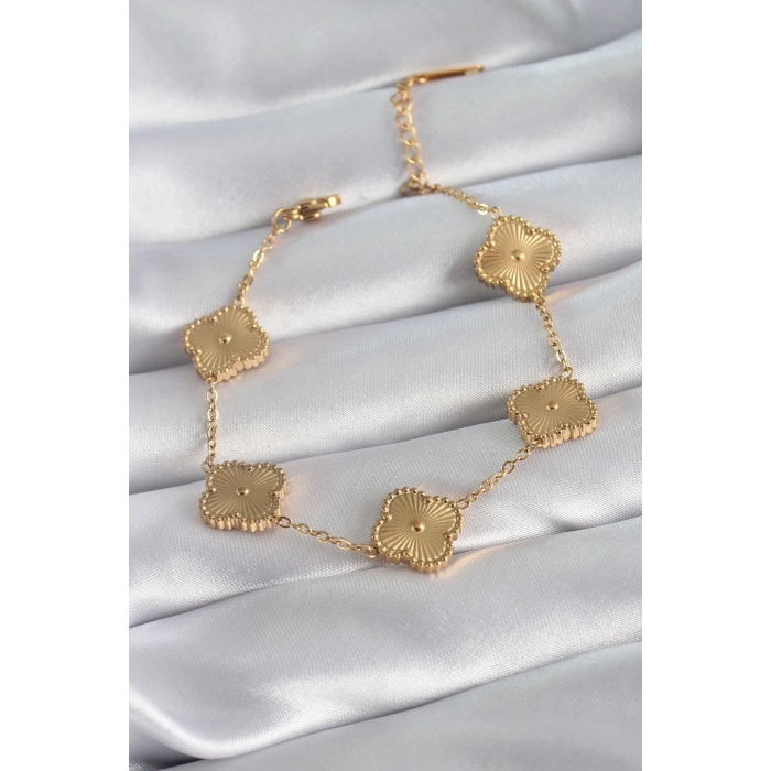 Mey İthalat® 316L Çelik Gold Renk Yonca Model İşleme Detay Kadın Bileklik