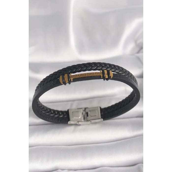 316L Çelik Gold Renk ZikZak İşlemeli Aksesuarlı Çift Sıra Burgu Desenli Deri Kordon Erkek Bileklik