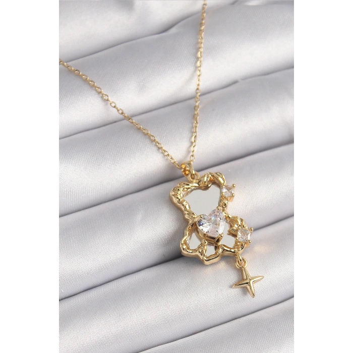 316L Çelik Gold Renk Zincir Ayna Ayıcık Model Zirkon Taşlı Kalp Model Kadın Kolye