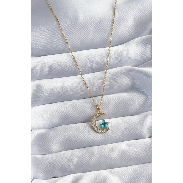 316L Çelik Gold Renk Zincir Zirkon Taş Detay Hilal Yıldızı Figür Kadın Kolye
