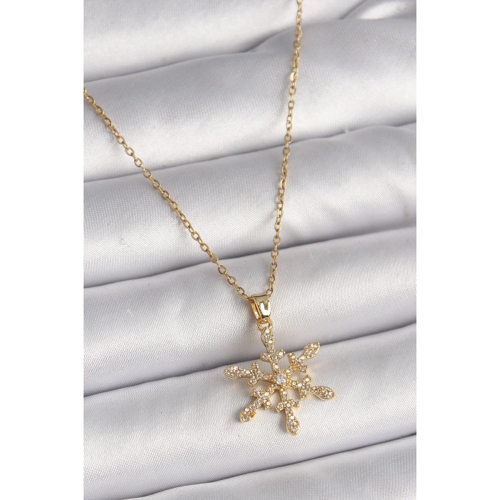316L Çelik Gold Renk Zincir Zirkon Taşlı Kar Tanesi Model Kadın Kolye