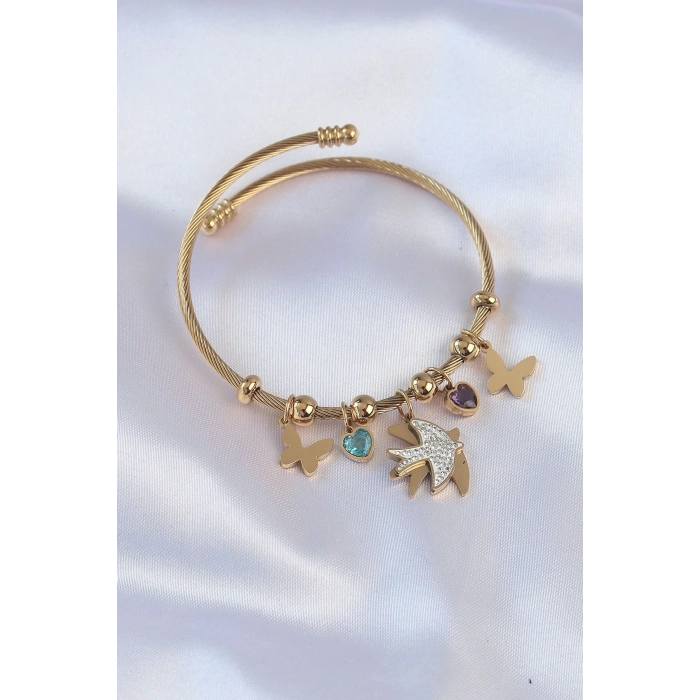 316L Çelik Gold Renk Zirkon Taşlı Minimal Kalp Detay Kelebek Charm Bileklik