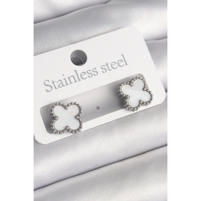 Mey İthalat® 316L Çelik Gümüş Renk Beyaz Yonca Model Kadın Küpe