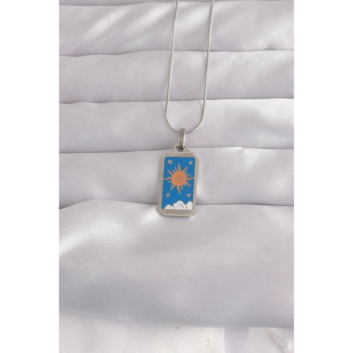 Mey İthalat® 316L Çelik Gümüş Renk Mavi Mineli Güneş Model Tarot Kolye