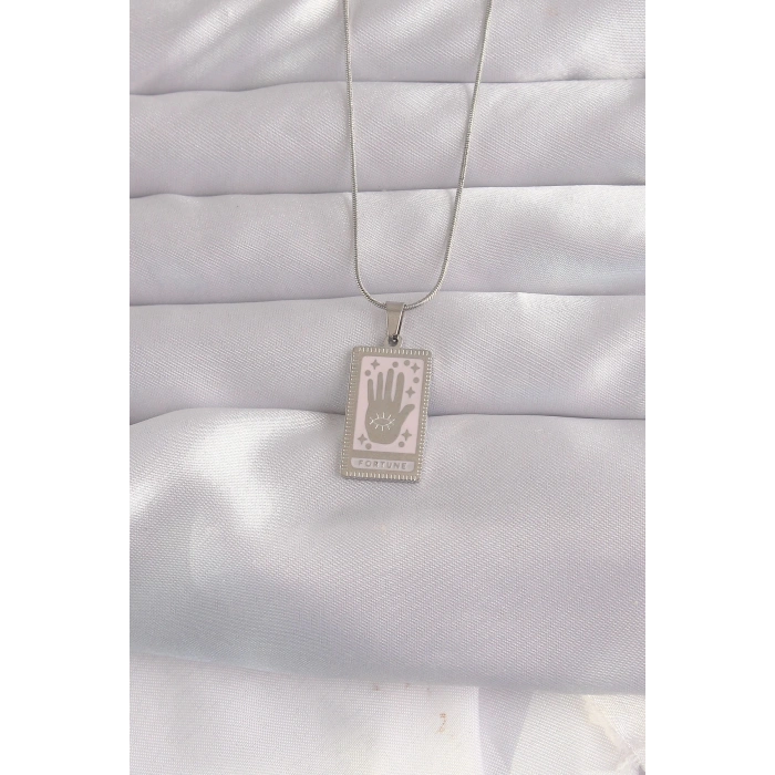 Mey İthalat® 316L Çelik Gümüş Renk Pembe Mineli El Figür Tarot Kolye