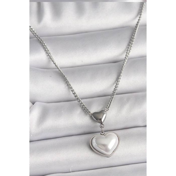 316L Çelik Gümüş Renk Zincir 3D Kalp Model Kadın Kolye