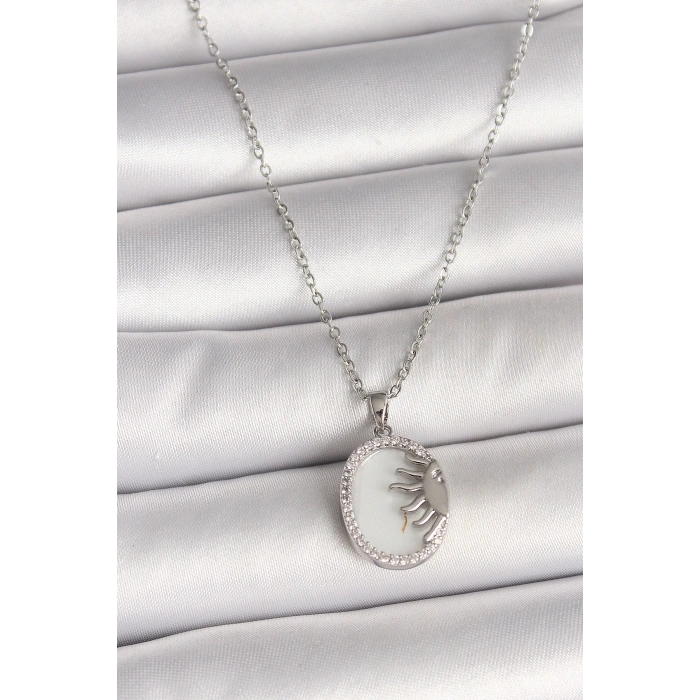 316L Çelik Gümüş Renk Zincir Beyaz Mineli Gün Batımı Model Zirkon Taş Detaylı Kadın Kolye