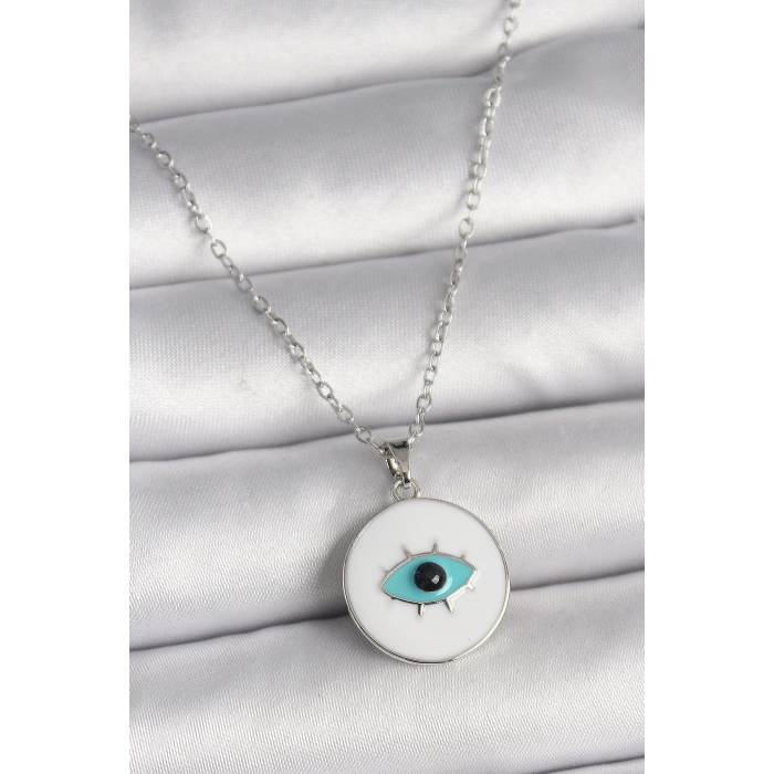 316L Çelik Gümüş Renk Zincir Beyaz Mineli Turkuaz Göz İşleme Model Kadın Kolye