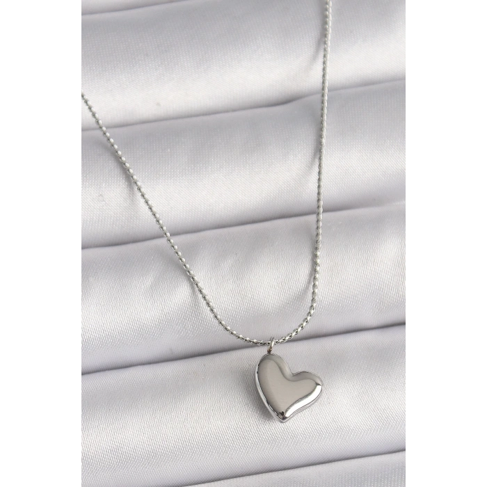 316L Çelik Gümüş Renk Zincir Kalp Figür Kadın Kolye
