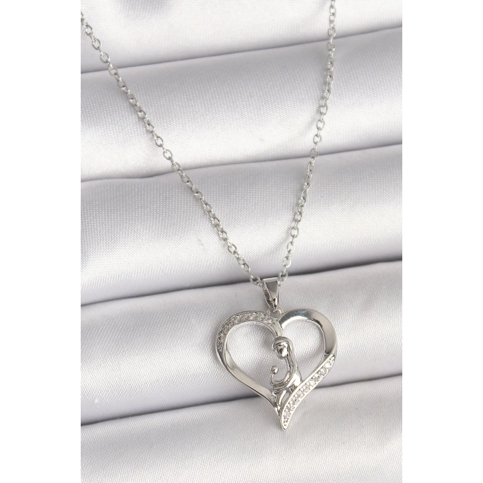 316L Çelik Gümüş Renk Zincir Zirkon Taş Detaylı Kalp Model Kadın Kolye