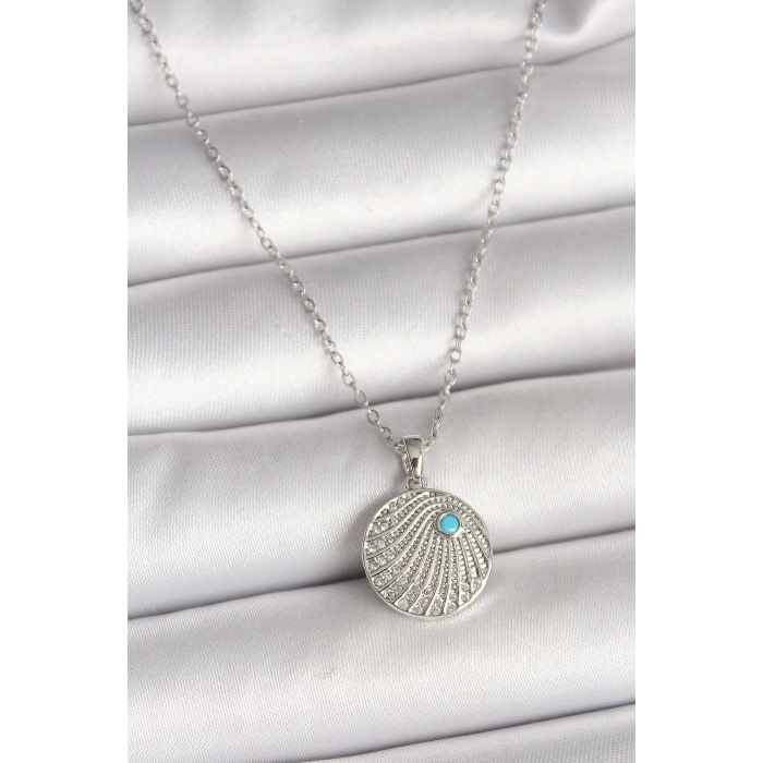 316L Çelik Gümüş Renk Zincir Zirkon Taşlı Mavi Taş Detaylı Madalyon Model Kadın Kolye