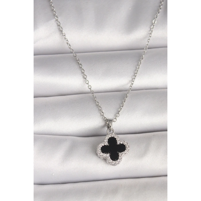 316L Çelik Gümüş Renk Zincir Zirkon Taşlı Yonca Model Kadın Kolye