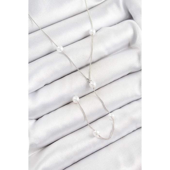 316L Çelik İnci Figürlü Y Model Gümüş Renk Kadın Kolye