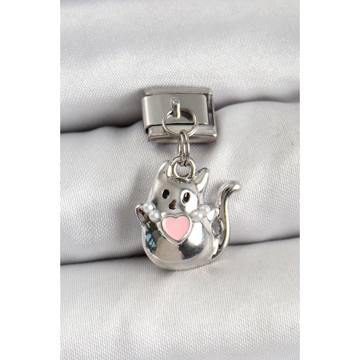 316L Çelik Sallantılı Kalp Detaylı Kedi Model Gümüş Renk Nomination Charm