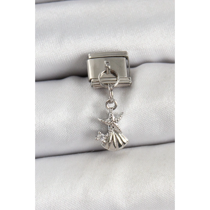 316L Çelik Sallantılı Zirkon Taşlı Deniz Yıldızı Ve İstiridye Model Gümüş Renk Nomination Charm