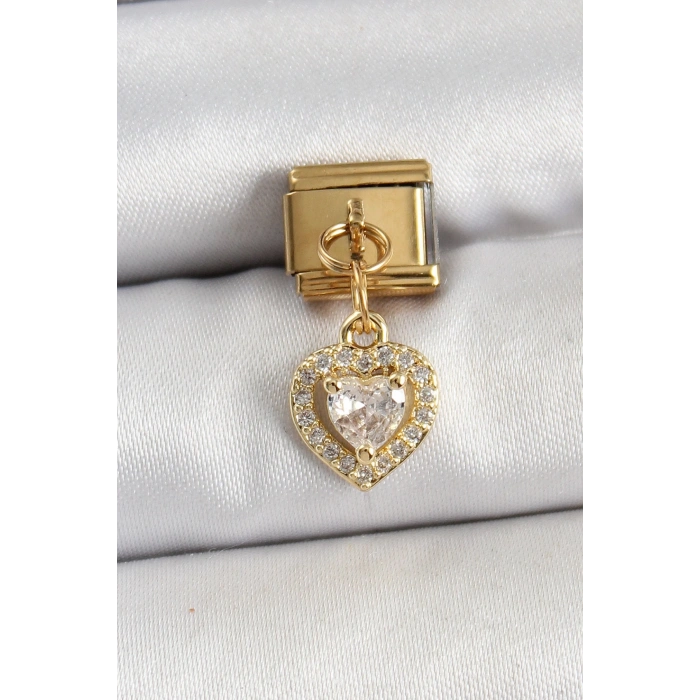 316L Çelik Sallantılı Zirkon Taşlı Kalp Model Gold Renk Nomination Charm