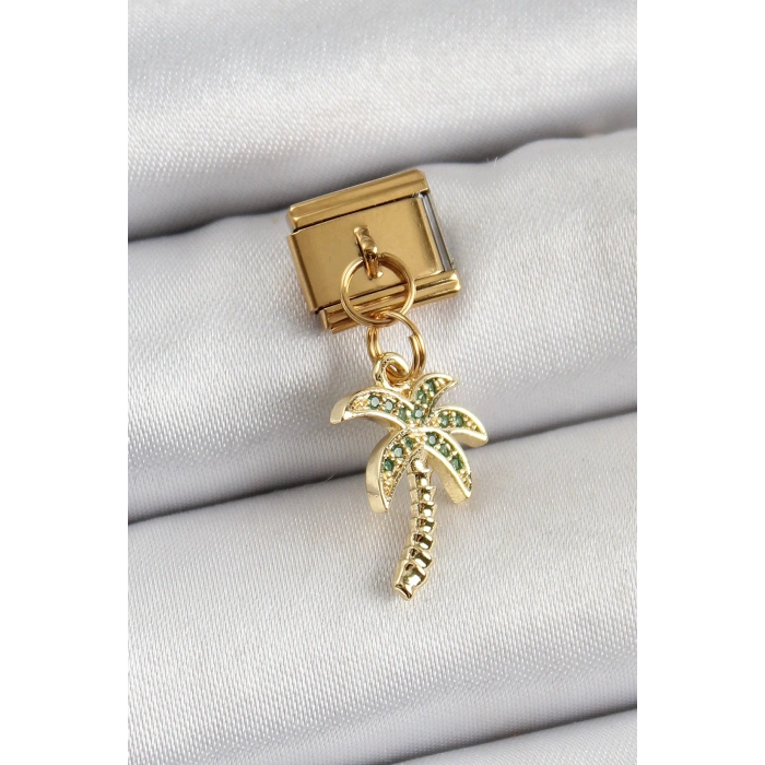 316L Çelik Sallantılı Zirkon Taşlı Palmiye Ağacı Model Gold Renk Nomination Charm