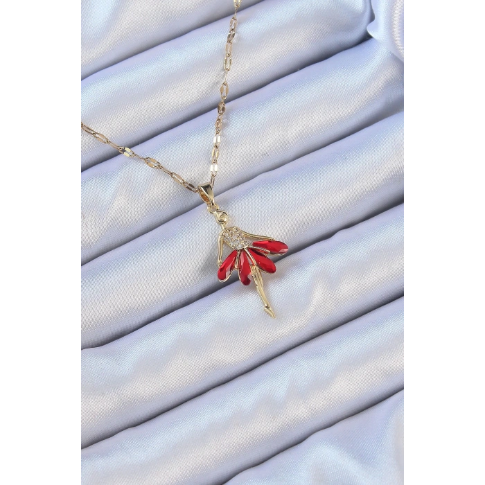 316L Çelik Zincir Altın Renk Kırmızı Etekli Zirkon Taşlı Balerin Kolye