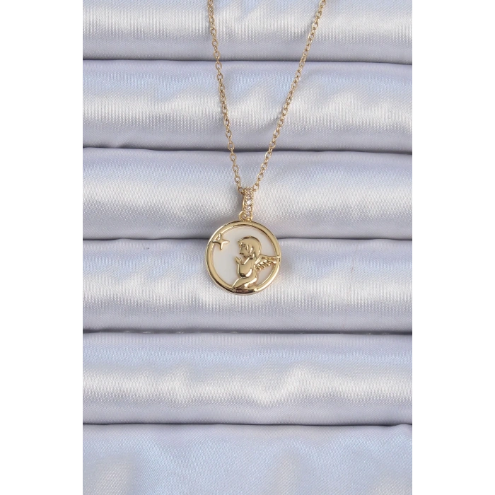 316L Çelik Zincir Altın Renk Zirkon Taşlı Mineli Melek Kolye