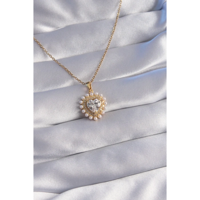 316L Çelik Zincir Gold Renk İncili Zirkon Taşlı Kalp Tasarımlı Kolye