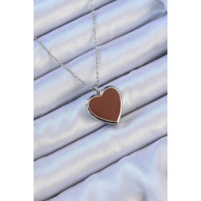 316L Çelik Zincir Gümüş Renk Mineli İçi Açılan Kalp Kolye