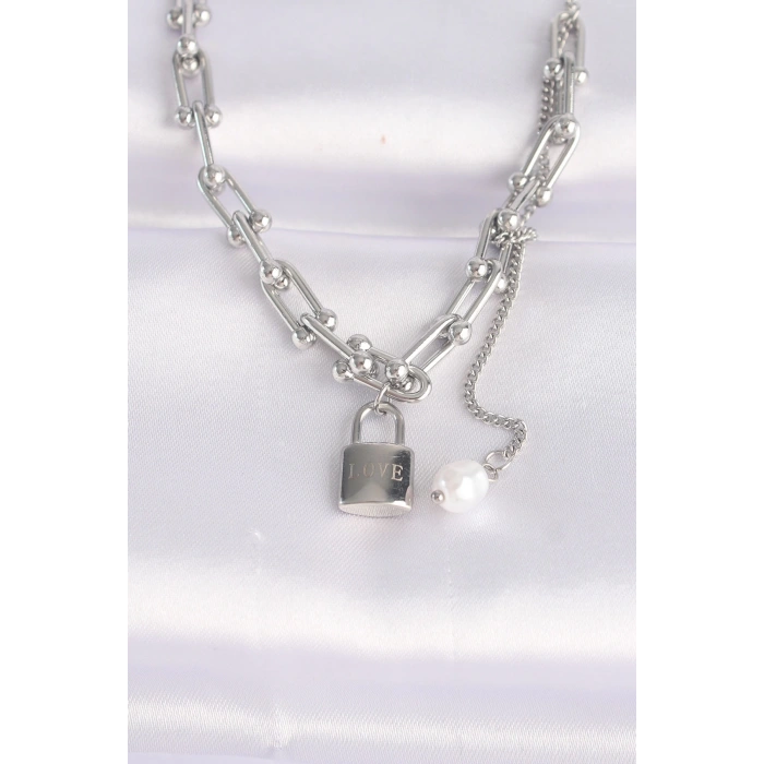 316L Çelik Zincir Gümüş Renk Zincirli Love Yazılı Kilit Kolye