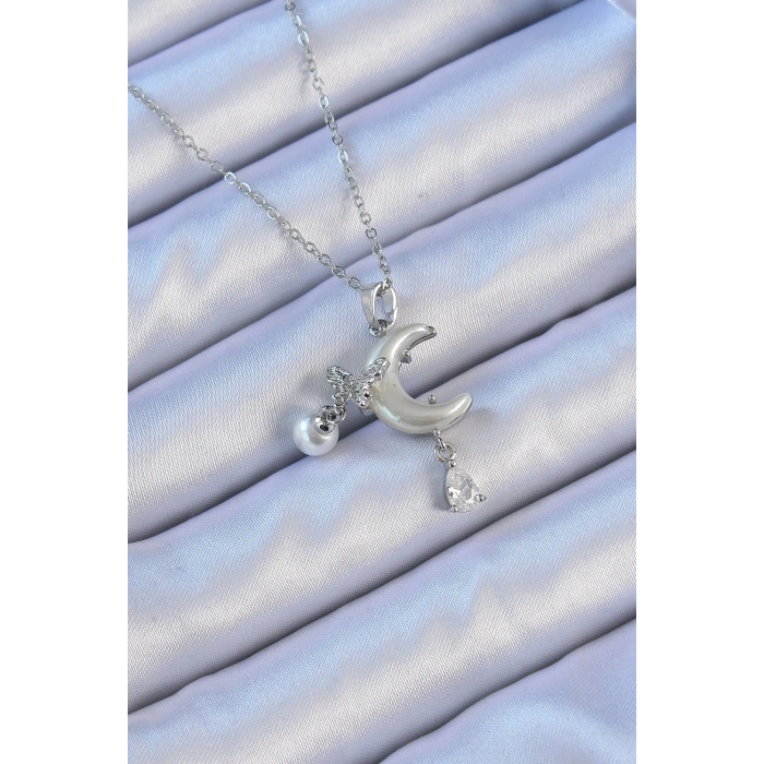 316L Çelik Zincir Gümüş Renk Zirkon Taşlı Kelebekli Mineli Ay Kolye