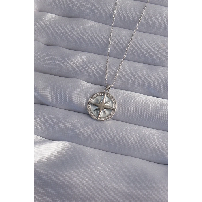 316L Çelik Zincir Gümüş Renk Zirkon Taşlı Kutup Yıldızı Kolye