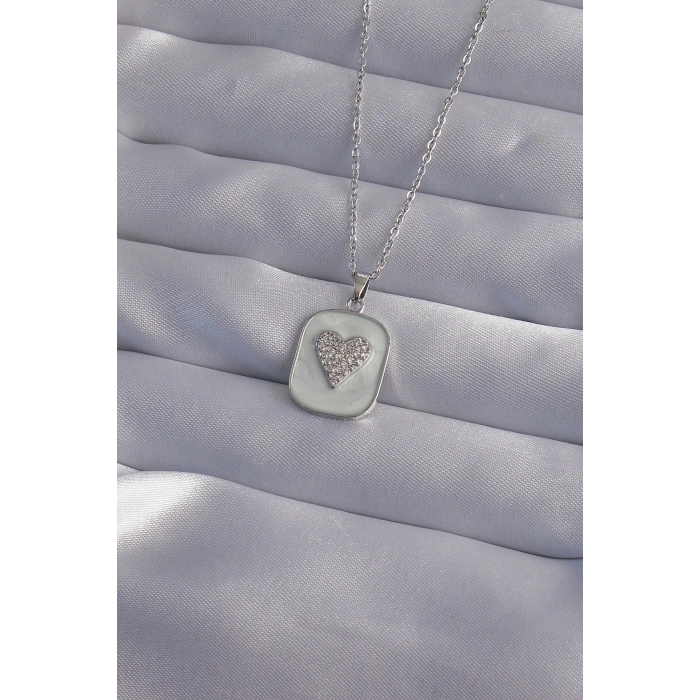 316L Çelik Zincir Mermer Desenli Gümüş Renk Zirkon Taşlı Kalp Model Kolye