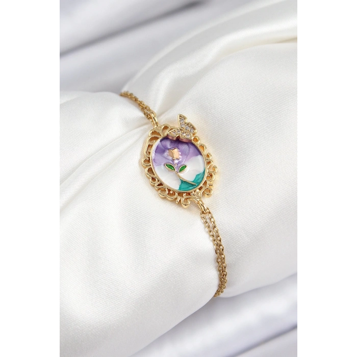 316L Çelik Zincir Mineli Sanatsal Portre Zirkon Taşlı Kelebek Detaylı Çiçek Model Gold Renk Kadın Bileklik