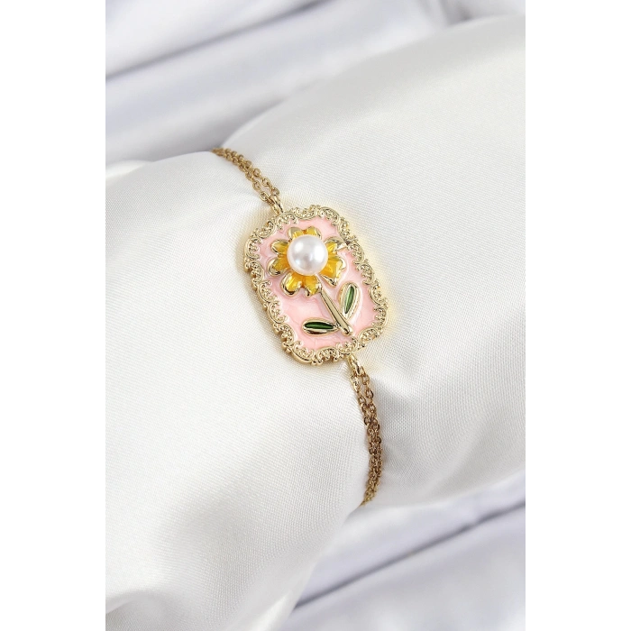 316L Çelik Zincir Pembe Mineli Sanatsal Portre İnci Detaylı Papatya Model Gold Renk Kadın Bileklik