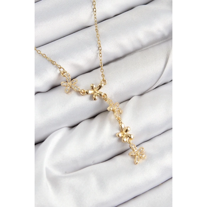 Mey İthalat® 316L Çelik Zirkon Taşlı Çiçek Model Gold Renk Kadın Kolye