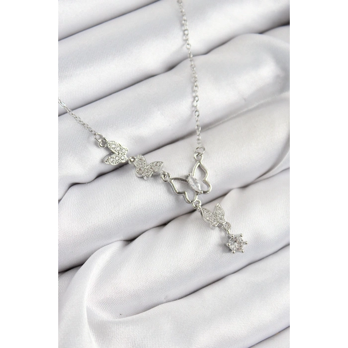 316L Çelik Zirkon Taşlı Kelebek Model Gümüş Renk Kadın Kolye