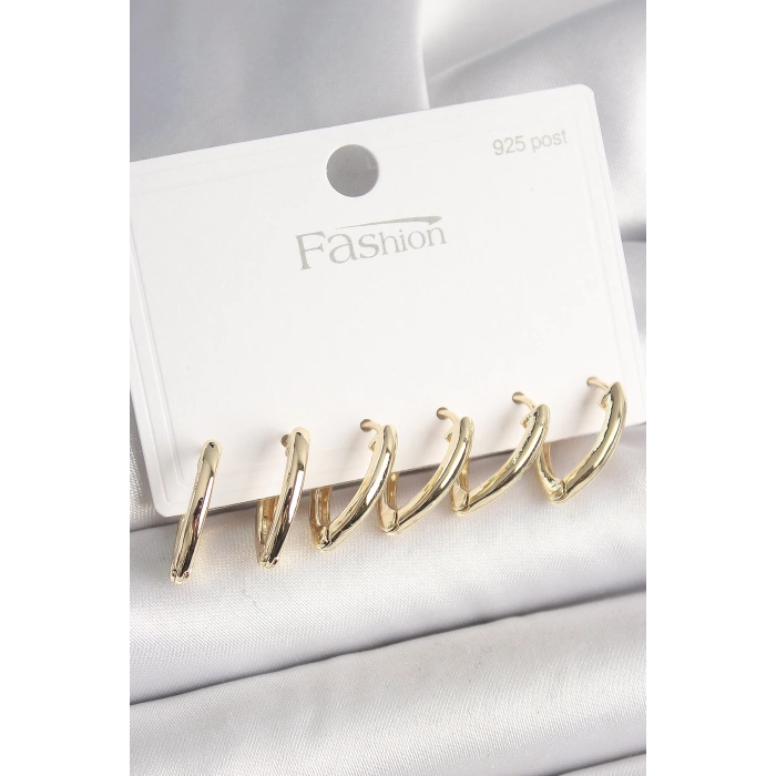 925 Ayar Gümüş Çivi Pirinç Gold Renk Üçgen Model Kadın Küpe Seti