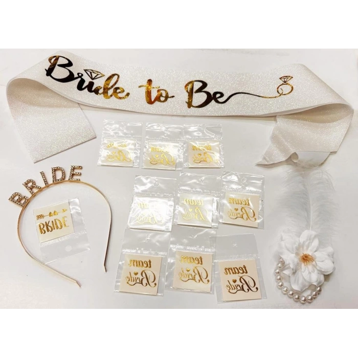 Altın Renk Bride Partisi Taç Kuşak Dövme Bileklik Seti Full 13 Parça