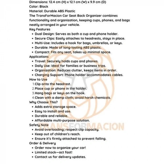 Araç Koltuk Arkası Organizer Bardak Telefon Tutucu