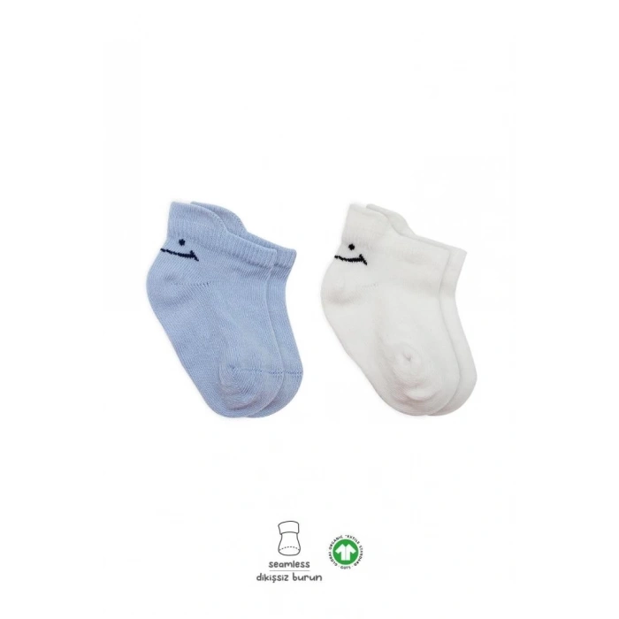 Mey İthalat®   2Li Sneakers Smile Penye Çorap 20106 Mavi Ekru