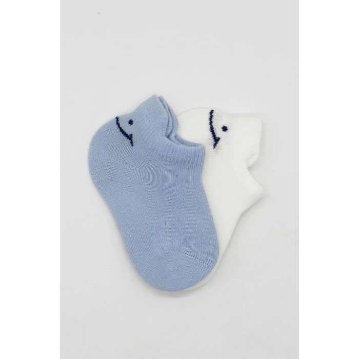 Mey İthalat®   2Li Sneakers Smile Penye Çorap 20106 Mavi Ekru
