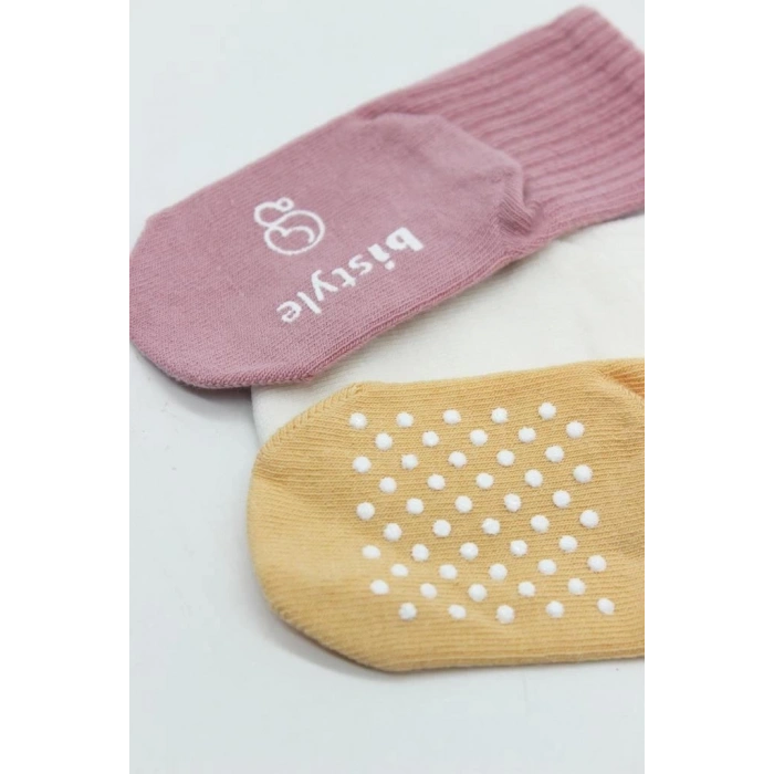 Mey İthalat®   Basic Kaymaz Penye Soket Çorap 3Lü BS10107 Pudra Ekru Somon