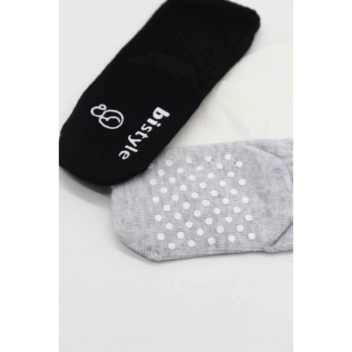 Mey İthalat®   3Lü Basic Kaymaz Penye Soket Çorap 10107 Siyah Ekru Gri