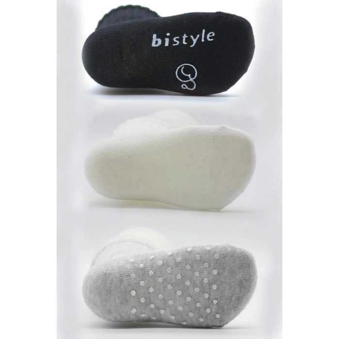 Mey İthalat®   3Lü Basic Kaymaz Penye Soket Çorap 10107 Siyah Ekru Gri