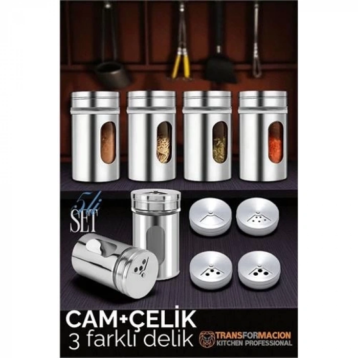 Cam+Çelik Tuzluk Biberlik Karabiberlik 3 Farklı Delikli 5 li SET