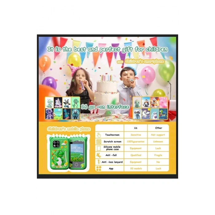 Çocuklar İçin Eğitici Telefon Dokunmatik Ekran Çift Kameralı Fenerli Müzik Çalar Oyun Video Mor