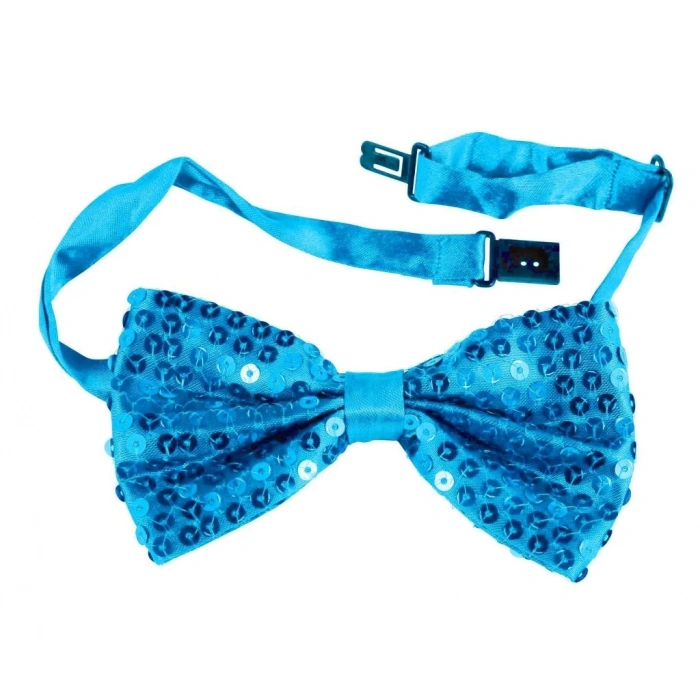 Gece Işıltısı Açık Mavi Turkuaz Payetli Pullu Papyon 7x2 cm